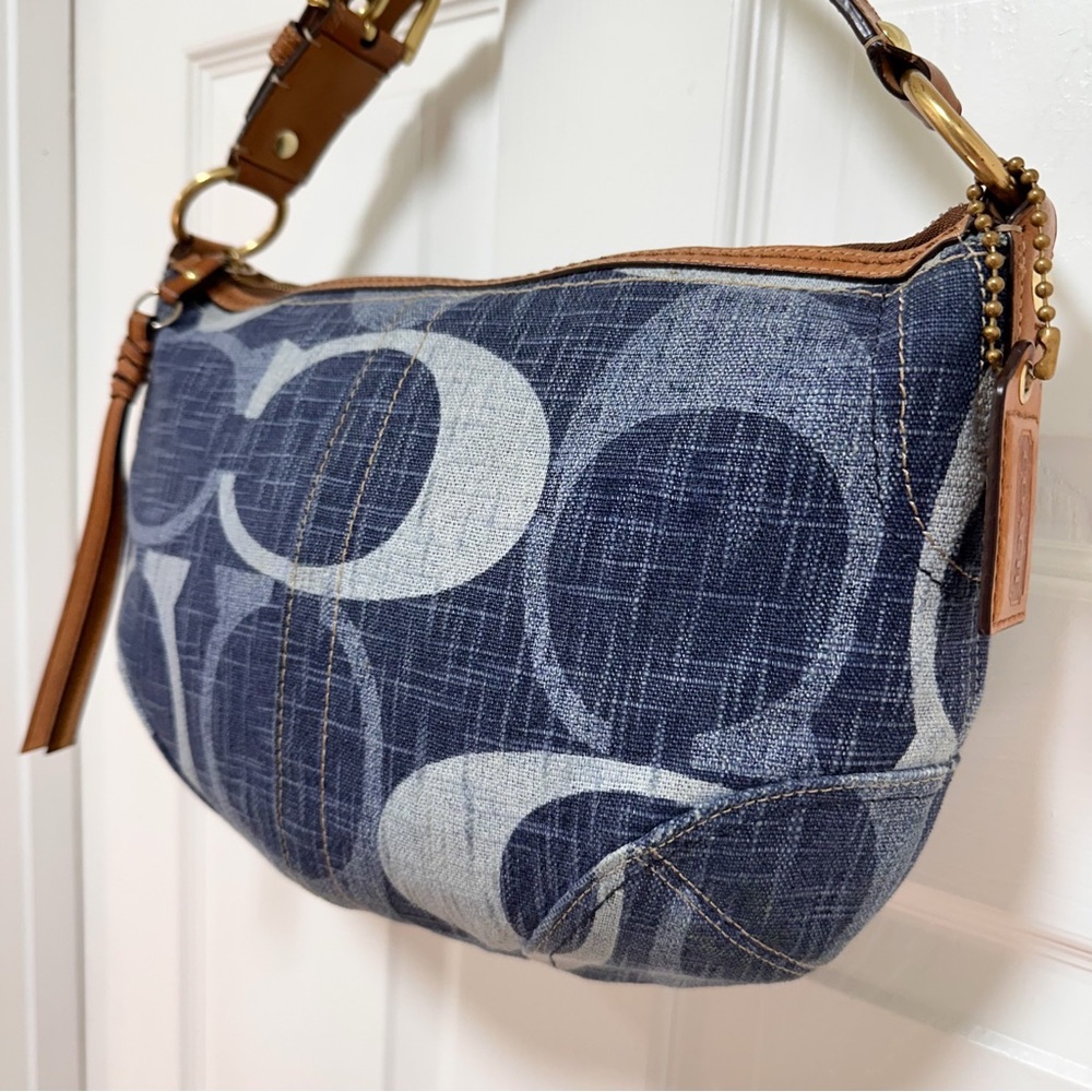 Coach - Signature Tonal Denim Hobo Shoulder Bag Brown Leather Trim - Picture 4 of 12